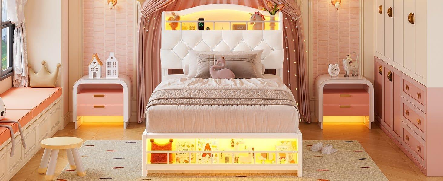 Sikaic Twin Princess Velvet Upholstered Bed Frame Beige Headboard Unique Bedroom Furniture Kids Furniture Bedroom