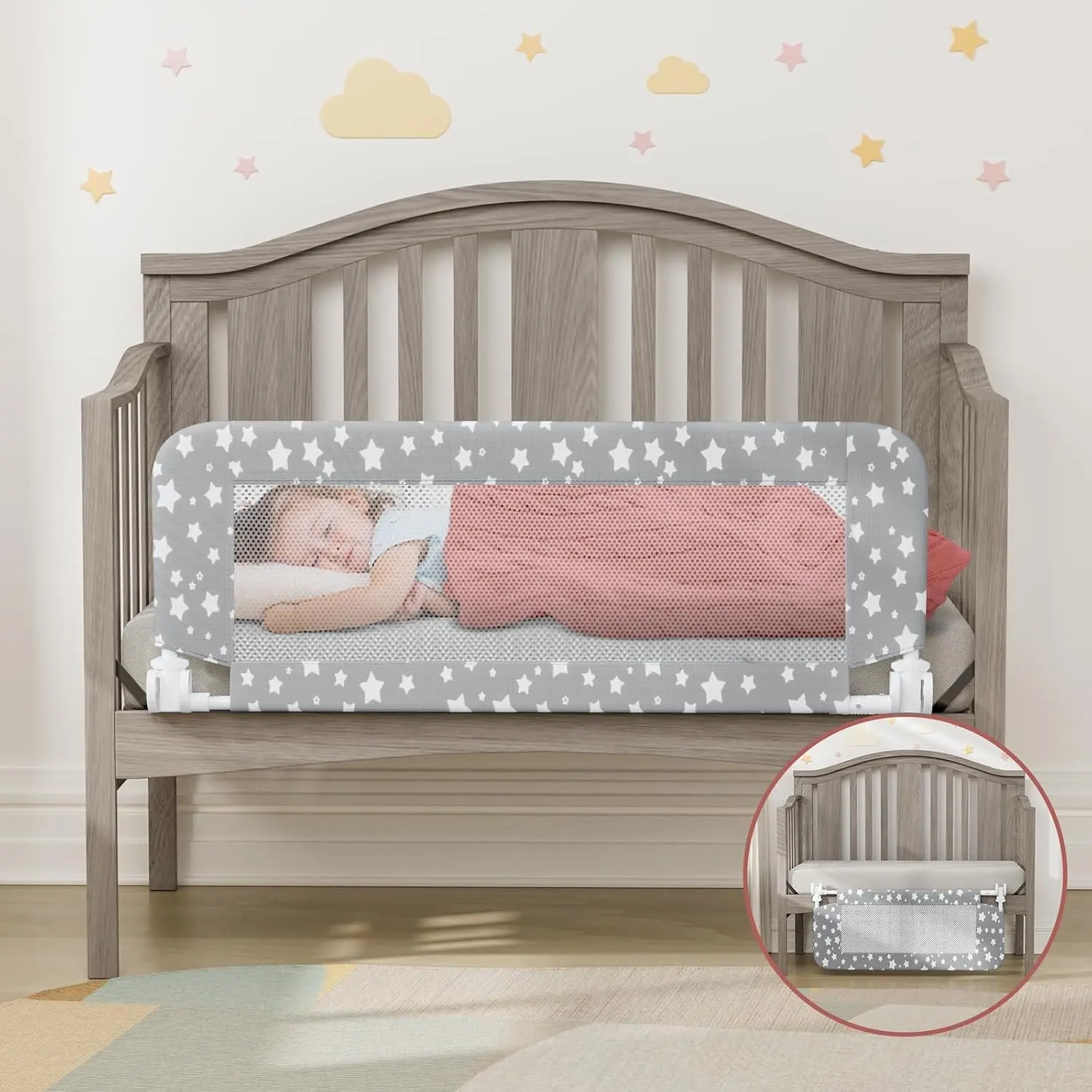 35.4" Crib Rail Guard for Toddlers - Convertible Swing Down Safety Bed Rail with Breathable Mesh Barrier, Reinforced Anchor and Side ProtectionGift