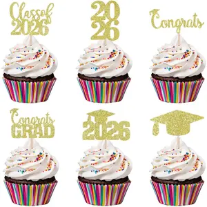 30Pcs Gold Glitter Graduation Cupcake Toppers 2026 Class Of 2026 Graduation Cupcake Toppers Picks 2026 for Gold 2026 Graduation Party Cake Decorations