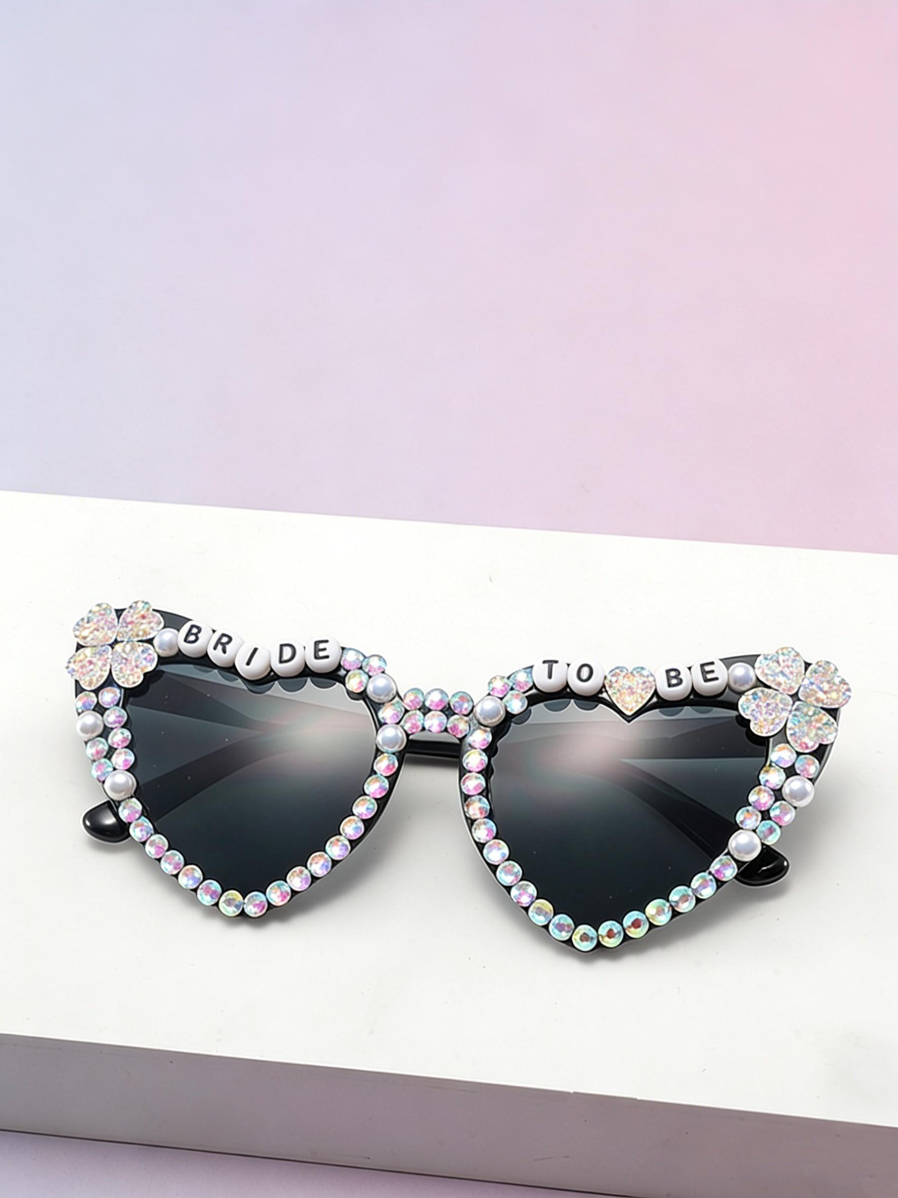 Bride-To-Be Full-Diamond Heart Sunglasses, Pearl Clover Decoration, Pre-Wedding Singles Party Photo Sun Glasses, Elegant Bridal Accessory