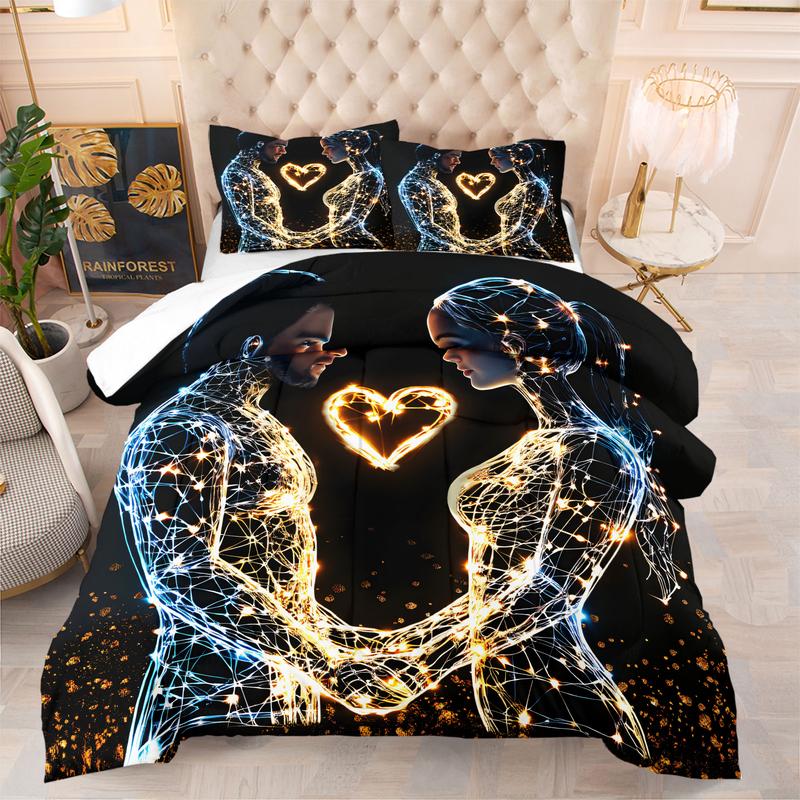 2/3pcs Couple Themed Comforter Set with 1 or 2 Coreless Pillowcases, Glowing Light Up Heart Design on Black Background. Soft and Cozy, Ideal for Couples, Perfect for Bedroom Bedding, Romantic Home Decor.