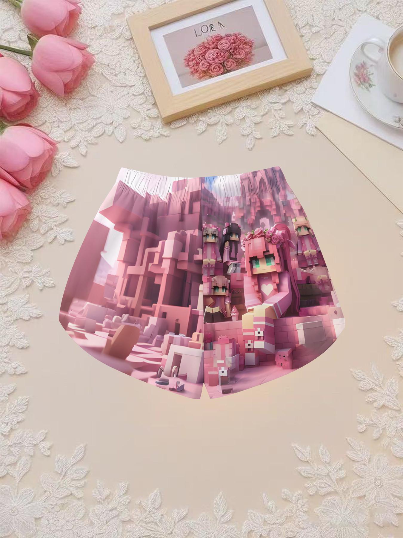 Girls' 3D Short Sleeve Set, Pixel Block Minecraft Cartoon Print Two-Piece, Perfect for Parties, Festive Gifts, Birthday Presents