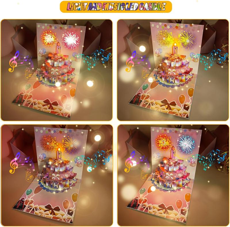 Cake Fireworks LED Candle Lights, 3D Birthday Card with Music and Colorful Lights, Musical Happy Pop-Up Birthday Card, Musical Birthday Gift Card for Kids, Wife, Husband, Grandpa, Grandma, Daughter, Son - Pink, Birthday Gift