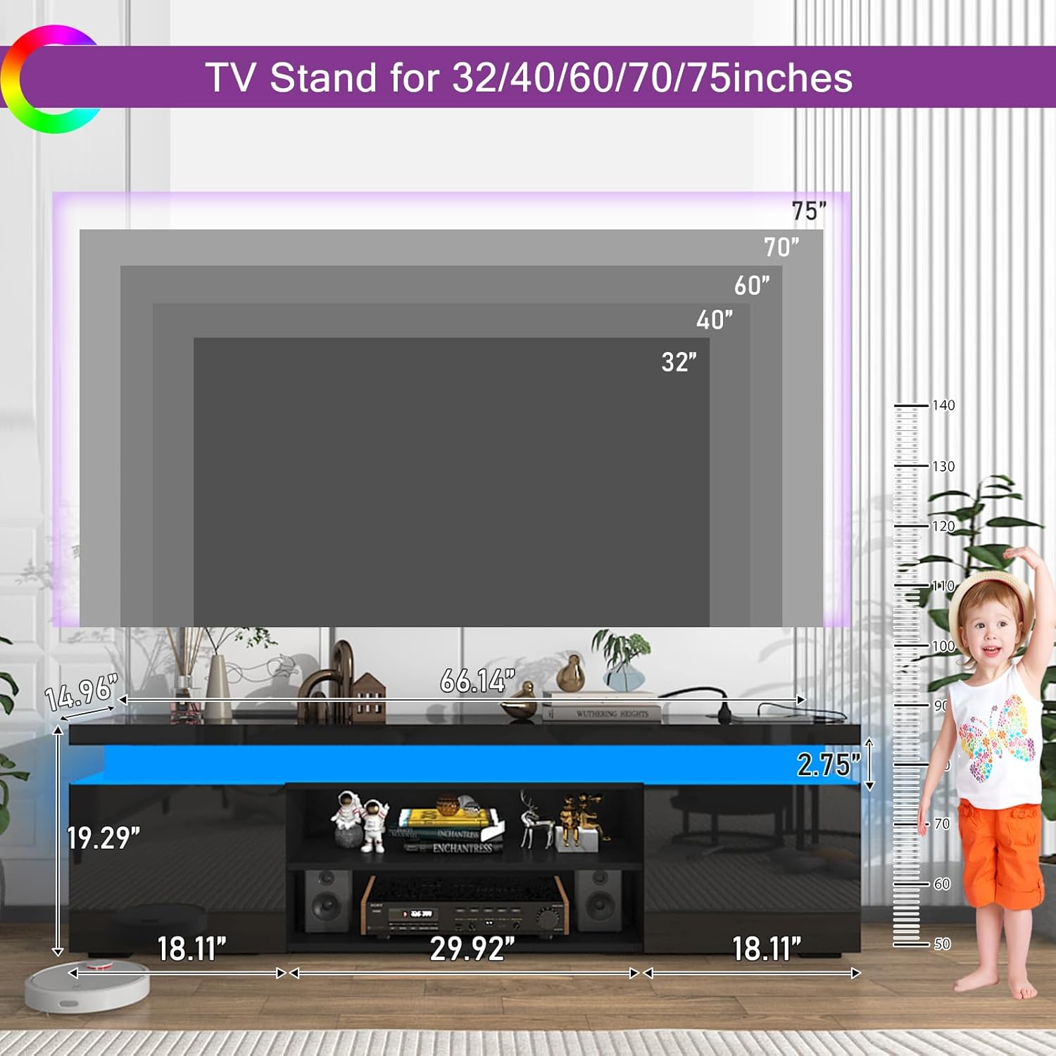 LED TV Stand for 75/85/95 Inch TV,66/73/83 Inch Modern Gaming TV Stand with Power Outlet, High Gloss TV Console Entertainment Center with Storage for Living Room, Bedroom LED TV Stand for 75/85/95 Inch TV,66/73/83 Inch Modern Gaming TV Stand with Power Outlet, High Gloss TV Console Entertainment Center with Storage for Living Room, Bedroom