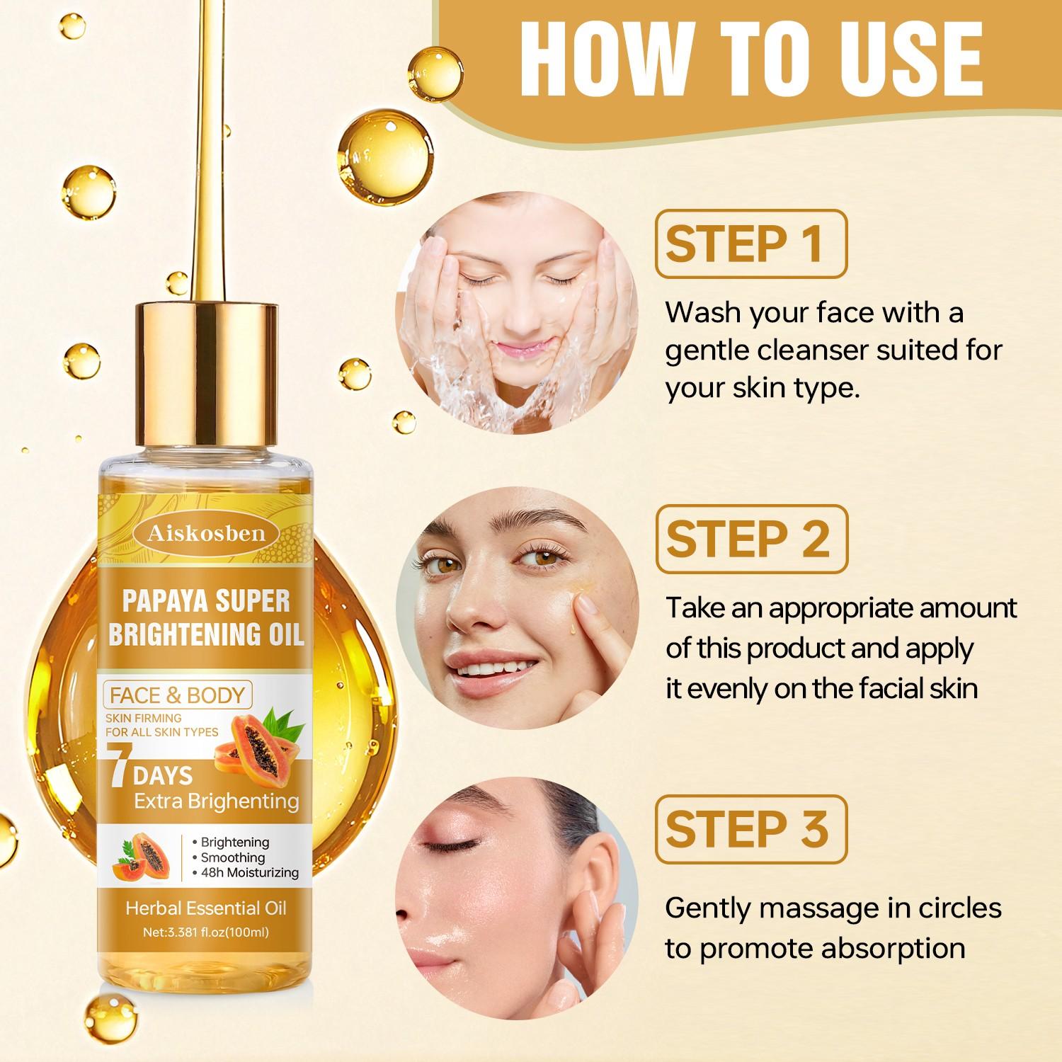 Aiskosben Papaya Firming Brightening Moisturizing Essence Oil, Contains Retinol + Vitamin C, Improves Fine Lines, Hydrates 48 Hours, Advanced Face Serum Brightening Serums, Brightening Anti Aging, Anti Wrinkle Essence, 100ML