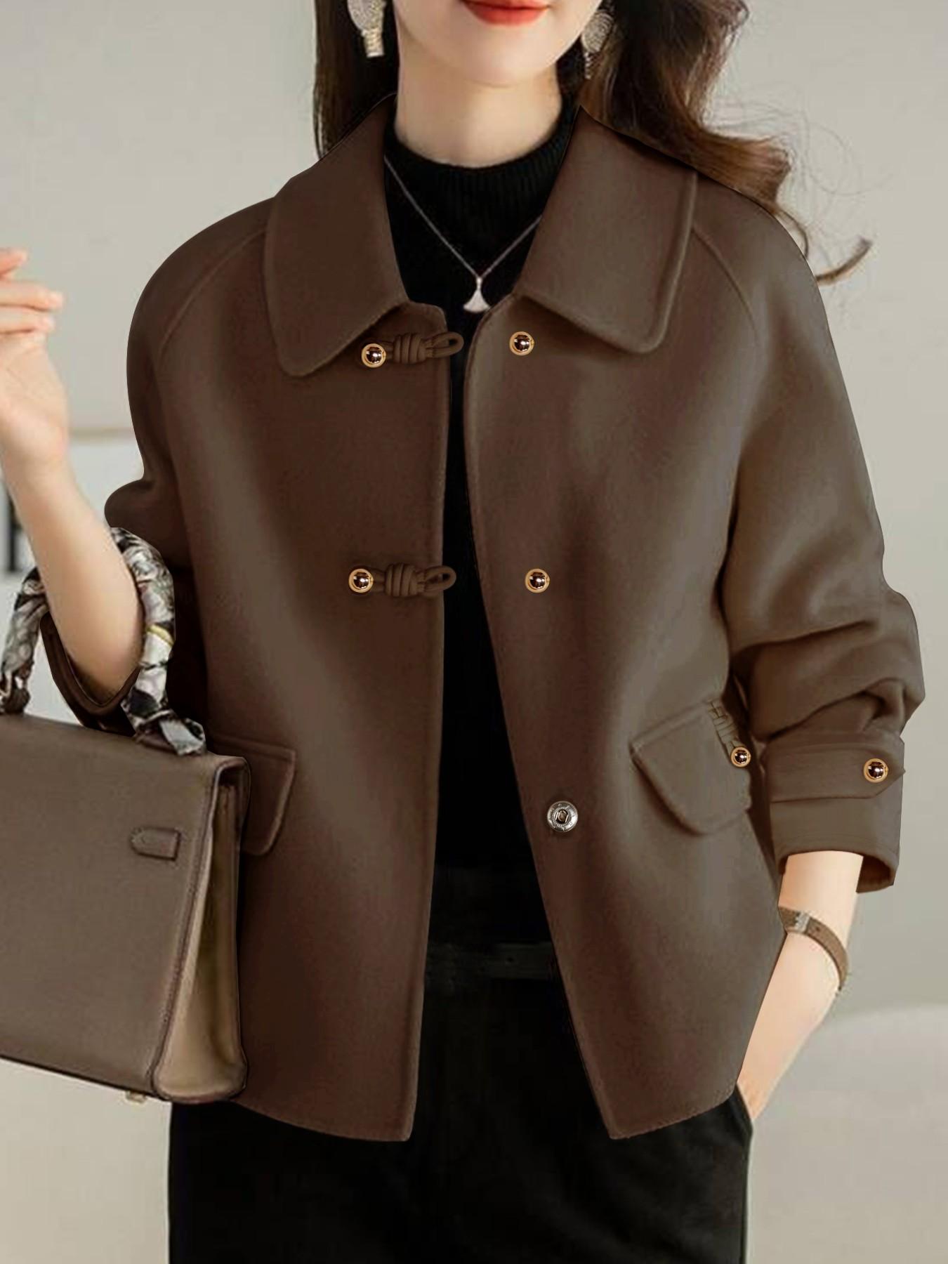 French Fashion Women's Autumn Winter Thicken Woolen Coat, Ladies Short Jacket, Elegant Casual Loose Double-Sided Floral Tweed Long Sleeve Pockets Outerwear