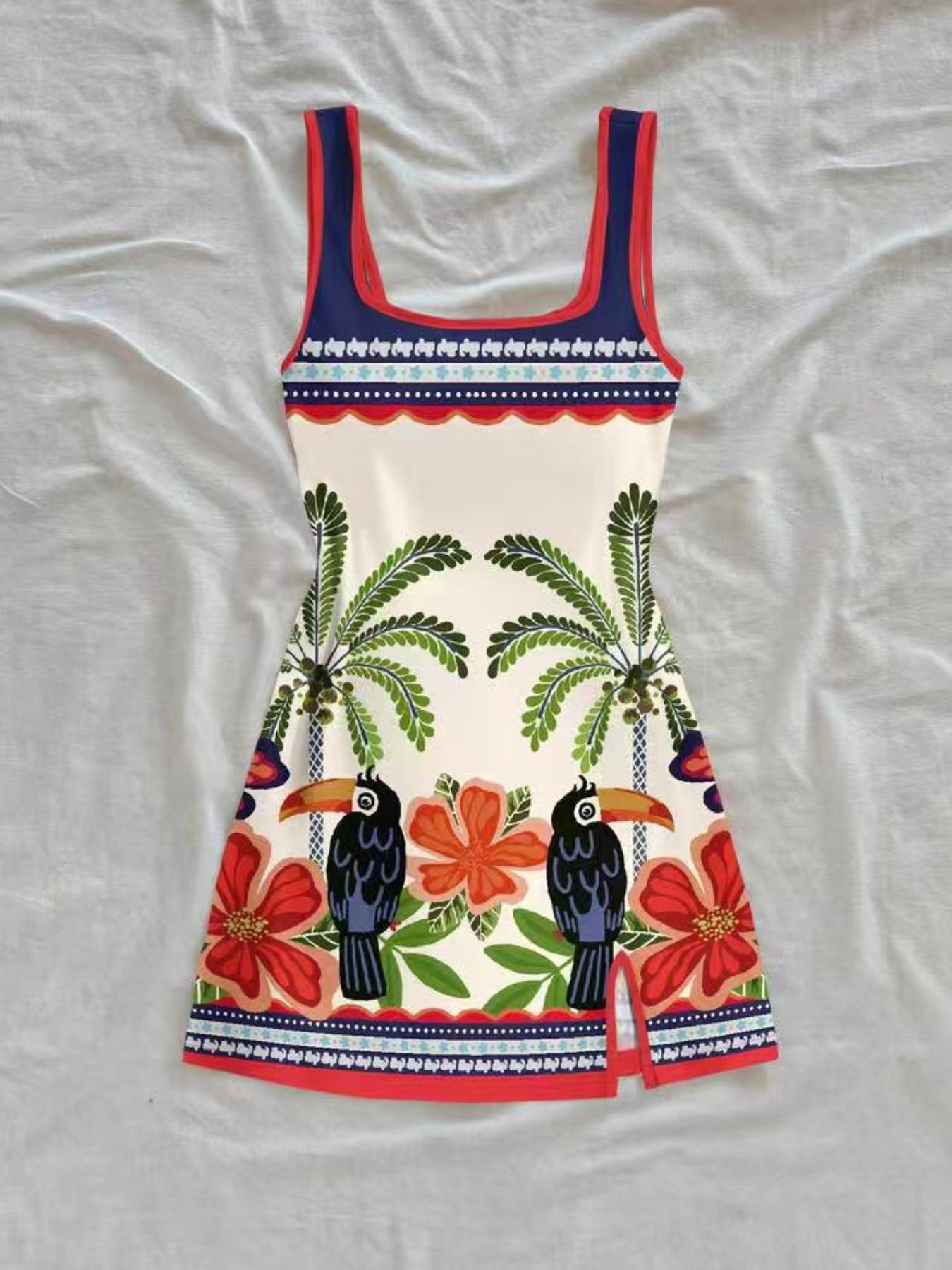 Summer Mini Dress for Women, Tropical Bird Palm Print, Geometric Floral Border, Contrast U-Neck Backless, Casual Vacation Style