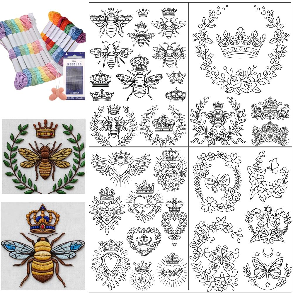 43Pcs Bee With Crown Water-Soluble Embroidery Patterns, Plant Pre-Printed Stabilizer Embroidery Stickers, Non-Woven Self-Stick Embroidery Stickers