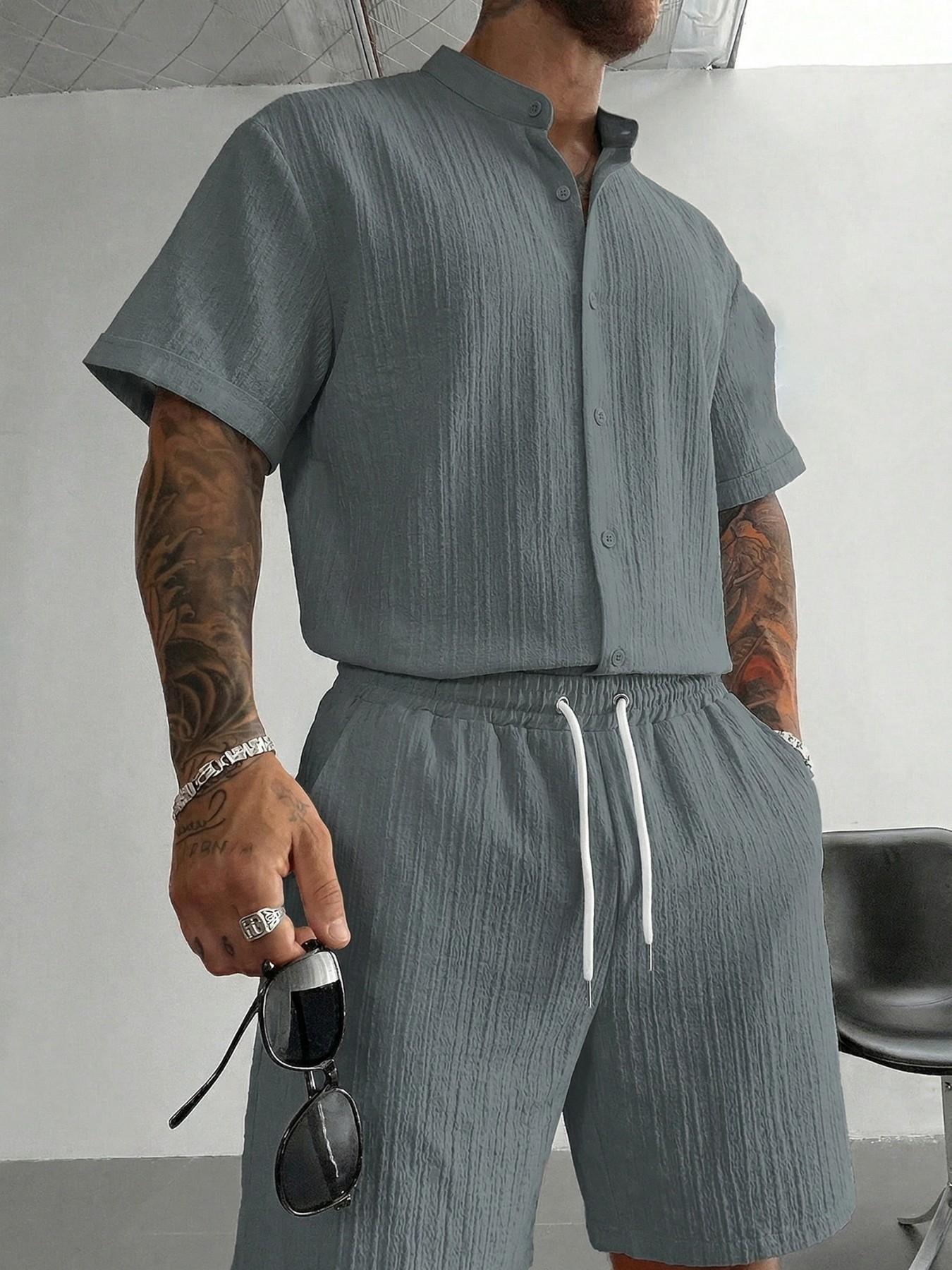 Men's Textured Stand Collar 2-Piece Outfit Set | Black/White/Grey Color Options | Short Sleeve Button Shirt + Drawstring Waist Shorts | Soft Breathable Fabric | Perfect for Summer Casual Outings, Streetwear & Smart Casual Style | Essential Set