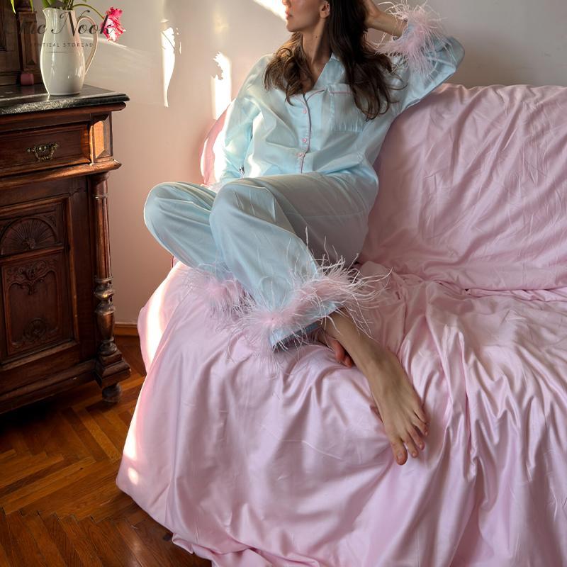 Feather Pajamas for Women Long Sleeves Button Down Shirt Lounge Pants Set Satin Silky Bridal Pjs