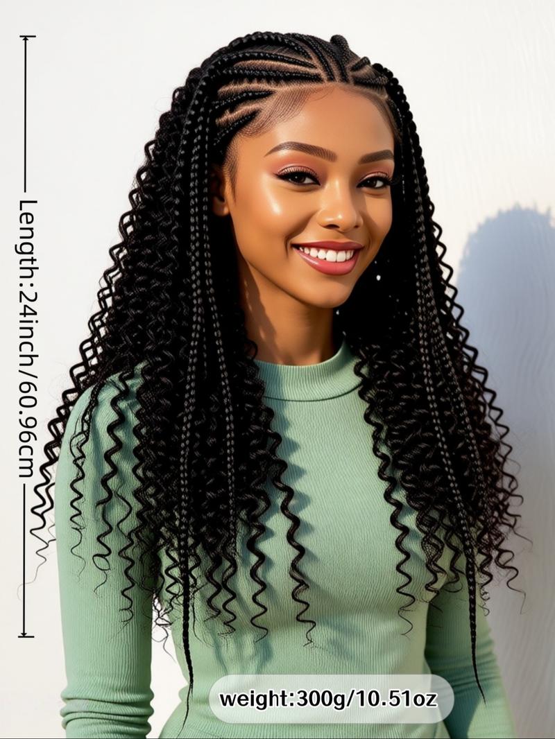 13x6 HD Lace Frontal Half-Braided Curly Wigs, Synthetic Braids Half-Cornrows Half-Curly Wig with Baby Hair, Pre-Styled Braid Wigs, 18 Inch