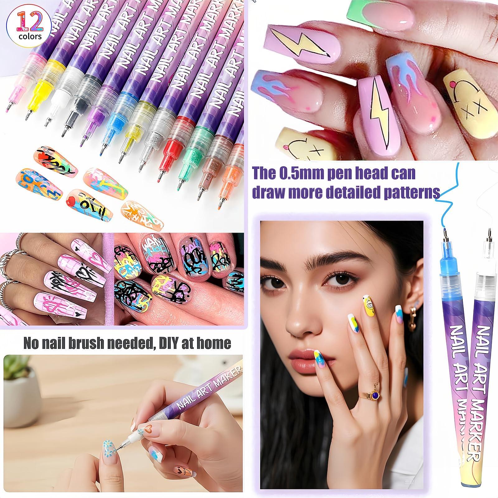 12-Color Nail Art Markers with Ultra-Fine Tips, Ideal for DIY Nail Designs, Creating Patterns & Flowers, Essential for Salons & Home Use