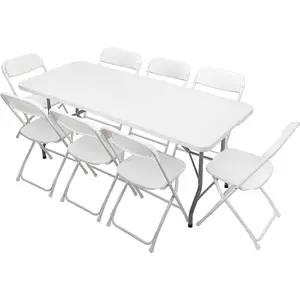 6FT Heavy Duty Plastic Folding Picnic Table with 8 Pack White Foldable Chairs Portable Foldable Outdoor Dining Set for Picnic Party Events Business Training Indoor Outdoor Commercial Occasions Lightweight Luggage Wheels