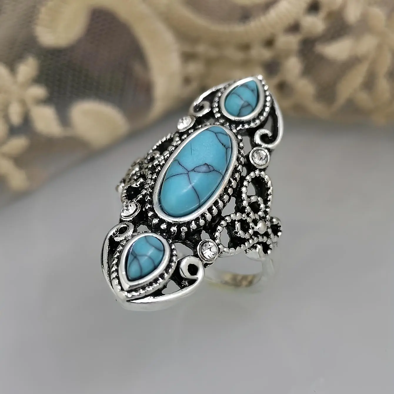 Retro Style Natural Turquoise Ring Creative Hollow Carved Lapis Lazuli Ring