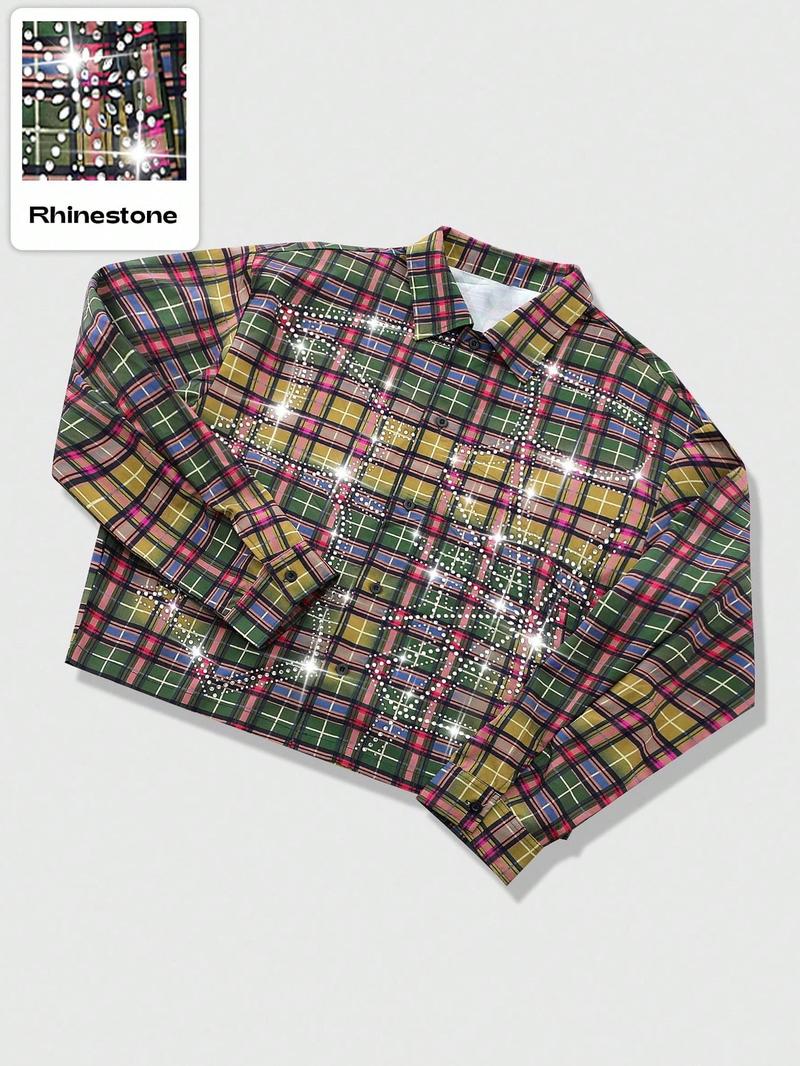 Men's Vintage Plaid Shirt with Rhinestones, Street Style Fashion, Casual Long Sleeve, Soft Comfortable Fabric, Casual Stylish Menswear Men's Vintage Plaid Shirt with Rhinestones, Street Style Fashion, Casual Long Sleeve, Soft Comfortable Fabric, Casual Stylish Menswear