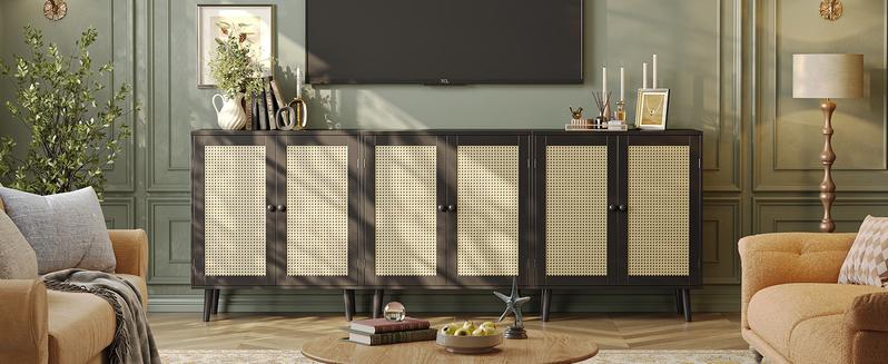 Huuger Buffet Cabinet with Storage, Storage Cabinet with PE Rattan Decor Doors, Media Console with Solid Wood Feet, Sideboard Cabinet for Hallway, Entry, Living Room