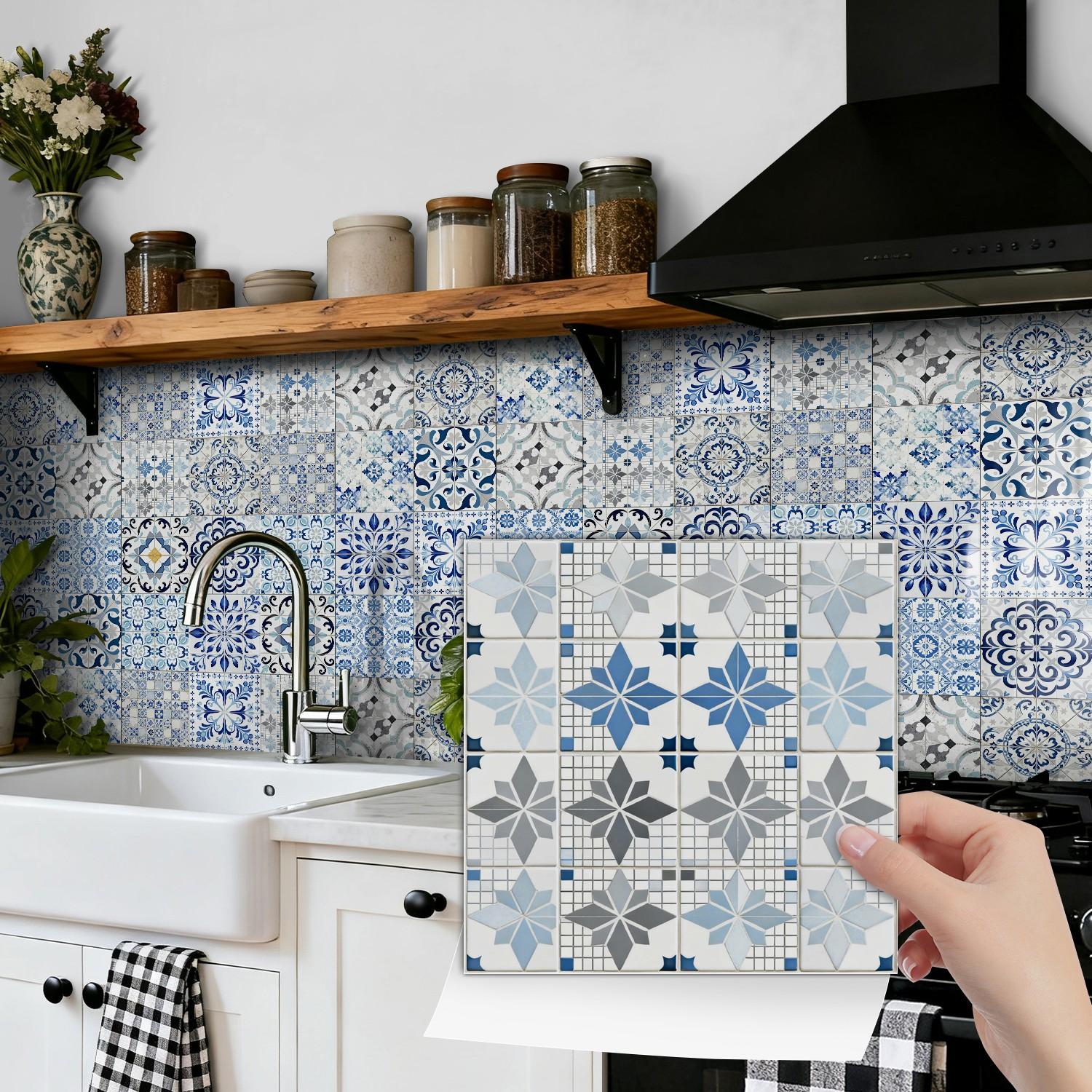 24PCS NHZ Blue Moroccan/Spanish Vintage Floral Tile Stickers, PVC Crystal Film with Mirror Gloss, Peel & Stick Removable No Residue, Easy to Clean Waterproof Wall Decals for Kitchen Bathroom Bedroom Office Indoor Decor