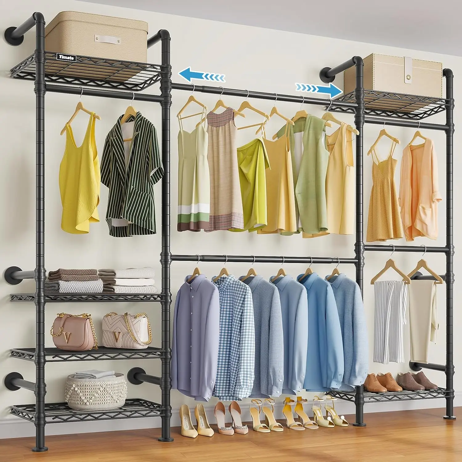 F3 Medium Wall Mounted Clothes rack Expandable Closet, Industrial Pipe Clothing Rack for  Clothes, Heavy Duty Clothes Rack with Shelves, Garment Rack Wall Closet System Black Pipe Closet
