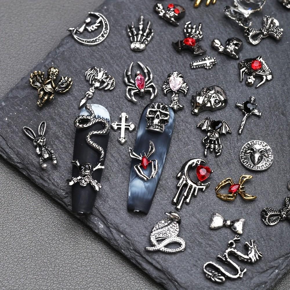 50pcs 3D Alloy Luxury Nail Art Decorations, DIY Manicure Supplies, Skull Hand Spider Bone Rabbit Cross Water Drill Designs