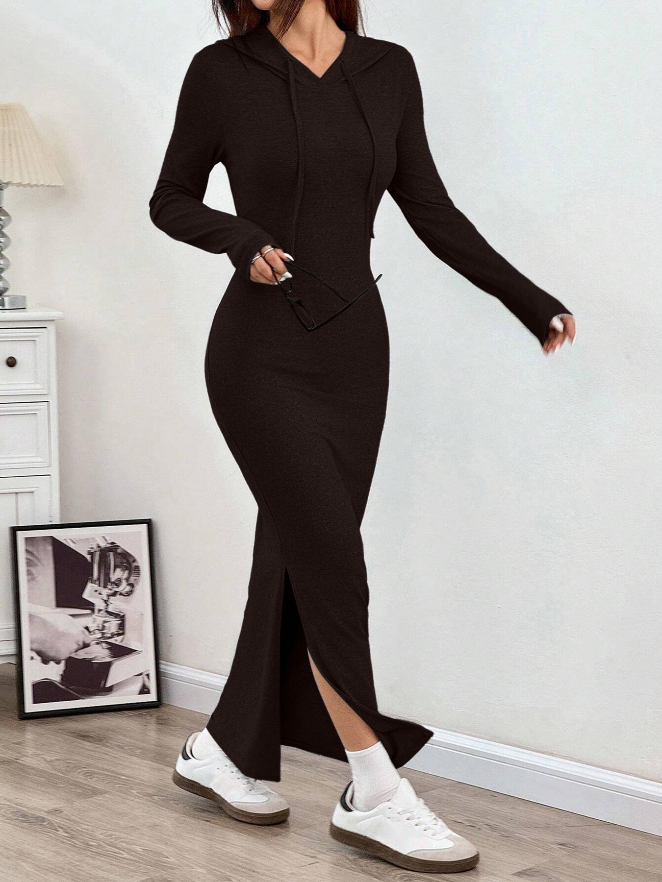 Women's Hooded Slim-Fit Long-Sleeve Knit Dress with Drawstring, Ladies' Casual Fall and Winter Fashion Dress for Daily Wear