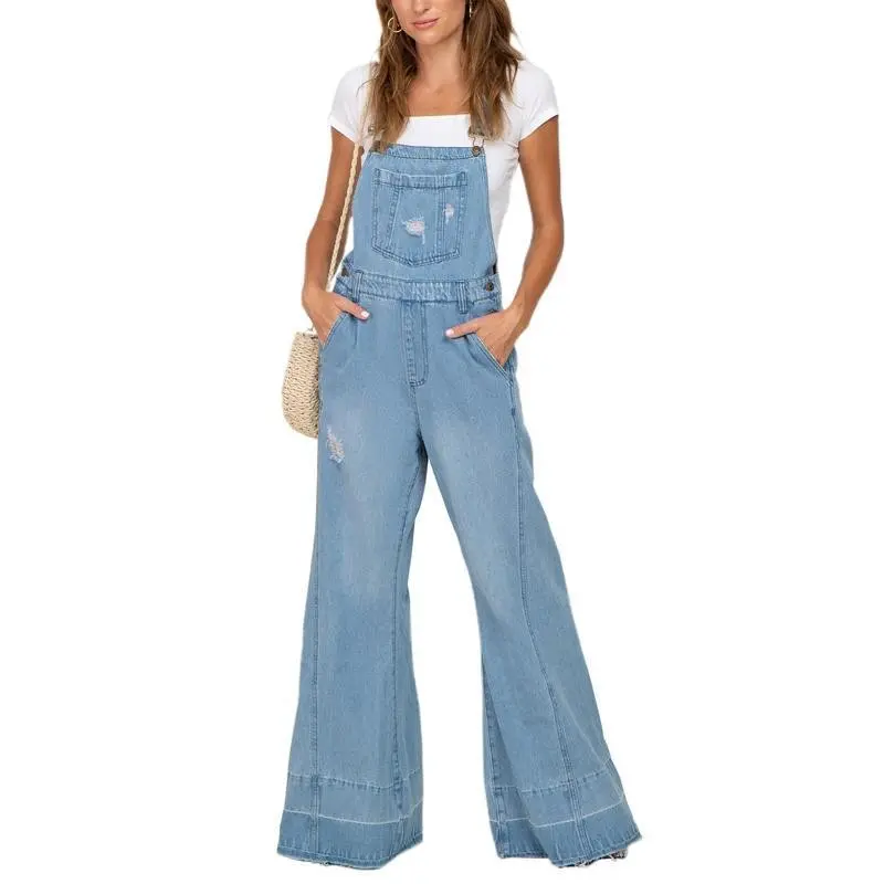 Women's Washed Ripped Baggy Flared Denim Bib Overalls Jumpsuit with Pockets Streetwear