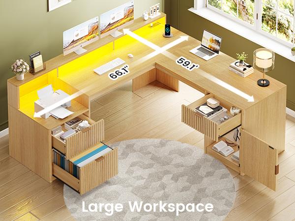SEDETA 66 Inch Modern L Shaped Desk with Drawers Fluted Home Office Desk with File Cabinet and Printer Shelf Wood Executive Desk with Monitor Stand Power Outlets Led Lights