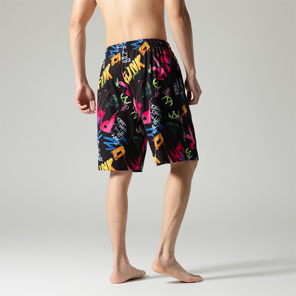Men's Relaxed-Fit Knee-Length Casual Shorts - Menswear with Vivid All-Over Bright Multicolor Graphics, Reinforced Waist & Side Seams, Adjustable Dual Drawcord, Shape-Retentive Anti-Wrinkle Cool Thin Elastane Fabric