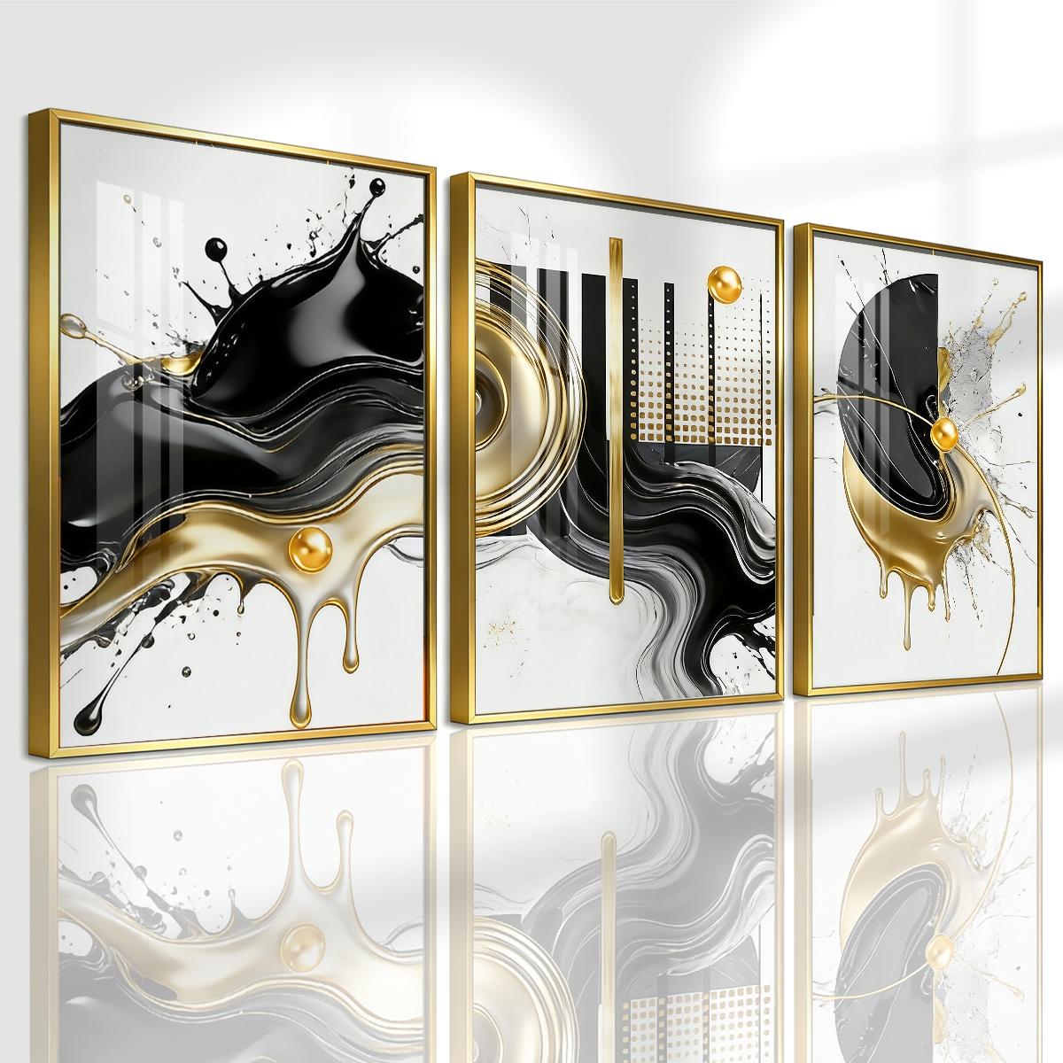 3 Counts Aluminum Alloy Framed Painting, Abstract Black And Gold Fluid Art Pictures, Home Decoration For Living Room, Bedroom, Office, Restaurant, Hallway Wall Decor, Odorless Print Artwork, Luxury Perfect Gift For Friends And Family