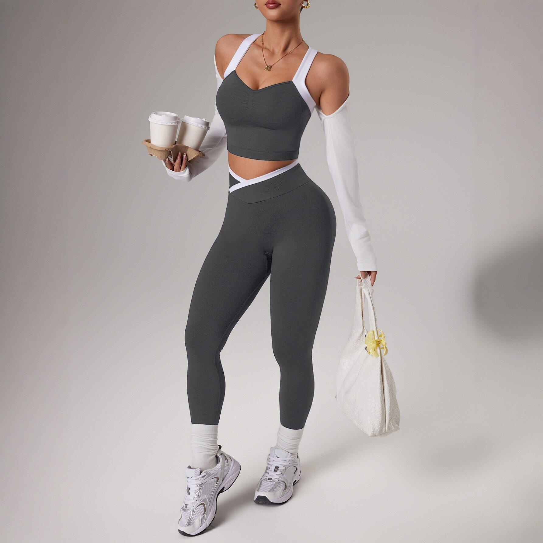 Yoga clothes, suits, women's cross, beautiful back, bra, sports underwear, hip lift, trousers, Pilates, tights, gym clothes, running, cycling set contrast binding sporty breathable