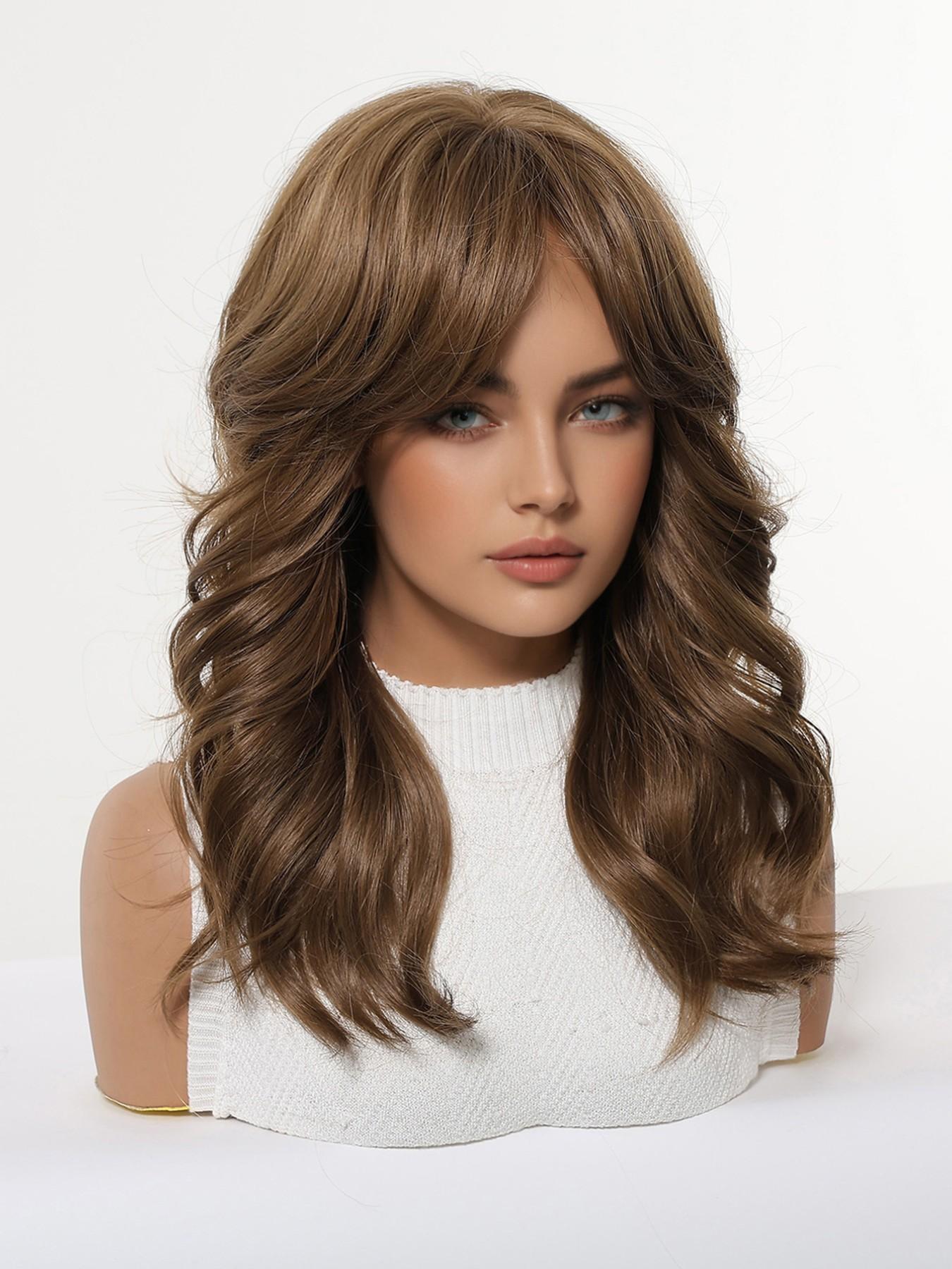 Medium Wavy Lob Wig with Bangs, Heat Resistant Synthetic Hair, Curly Medium Length Wig, All Seasons Wearable, Wavy Synthetic Wigs, Heat Friendly Wig