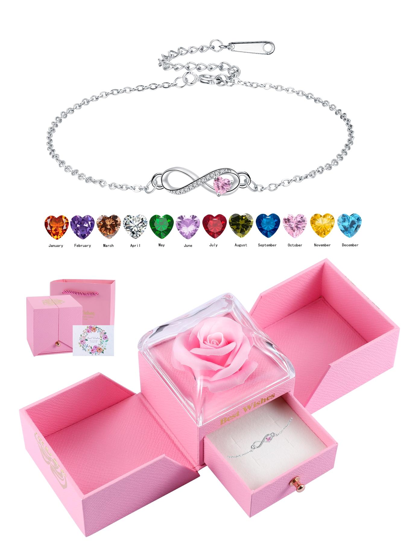 Love Heart CZ Birthstone Infinity Bracelets With Rose Jewelry Gift Box, Endless Love Symbol Bracelets for Women, Anniversary Birthday Christmas Jewelry Gift for Wife Mom Daughter, Heart Shaped Bracelet