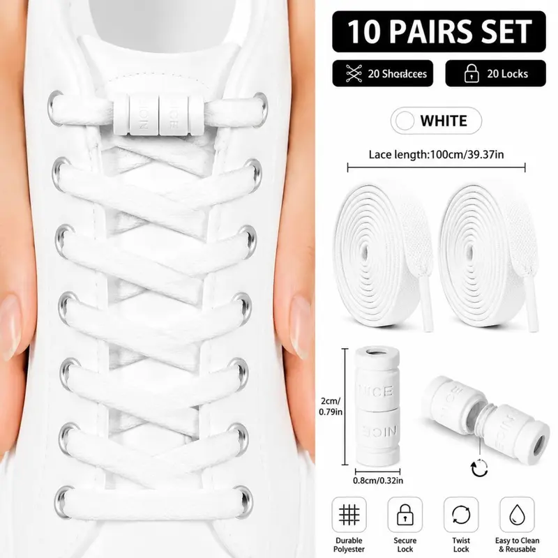 10 Pairs Adjustable Laces with Locks, Elastic Stretch Shoelaces for Kids and Adults, Quick Install Sports Shoes Laces, Shoe Strings for Sneakers
