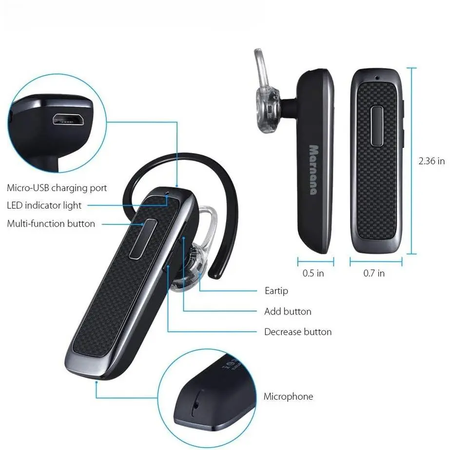 Bluetooth Headset, Hands-Free Wreless Bluetooth Earpiece with 18 Hours Playtime and Noise Cancelling Mic for iPhone Samsung Android Cell Phone Truck Driver - Black