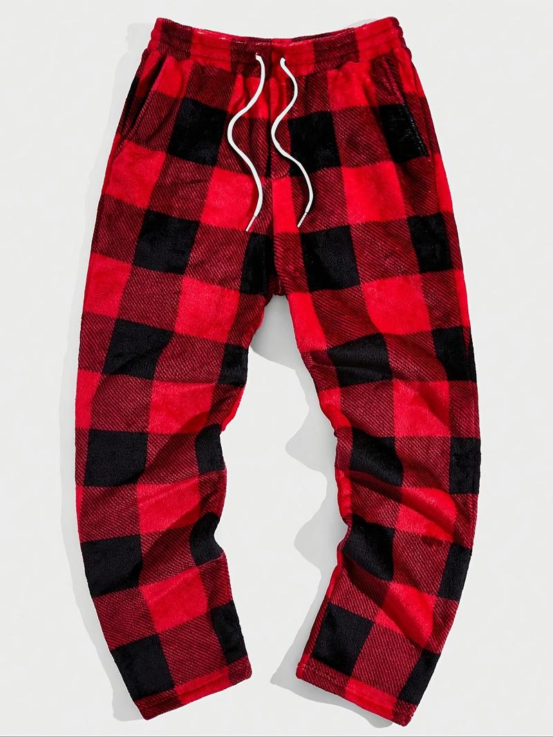 Unisex Plaid Fleece Print Drawstring Pants, Casual Daily Wear, Winter Warm Sleepwear, Christmas Gift, Long Pants