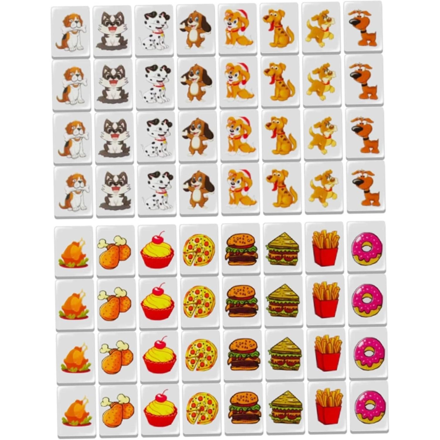 Push Tile Game Set 64 Pieces, Cute Dog and Food Pattern Mahjong Tiles, Durable Material, Perfect Gift for Family Gatherings