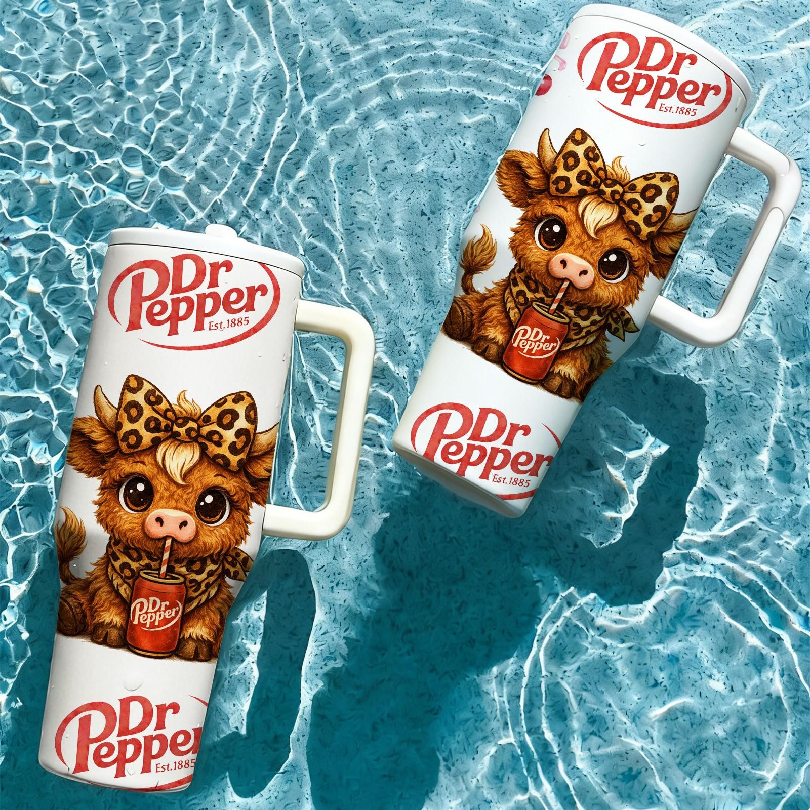 40oz insulated mug, Insulated tumbler, Dr Pepper soda print, leopard highland cow cartoon design, thermal mug, double wall vacuum stainless steel, straw lid with handle, leak proof, keeps hot 12 hours cold 24 hours, valentines birthday gift