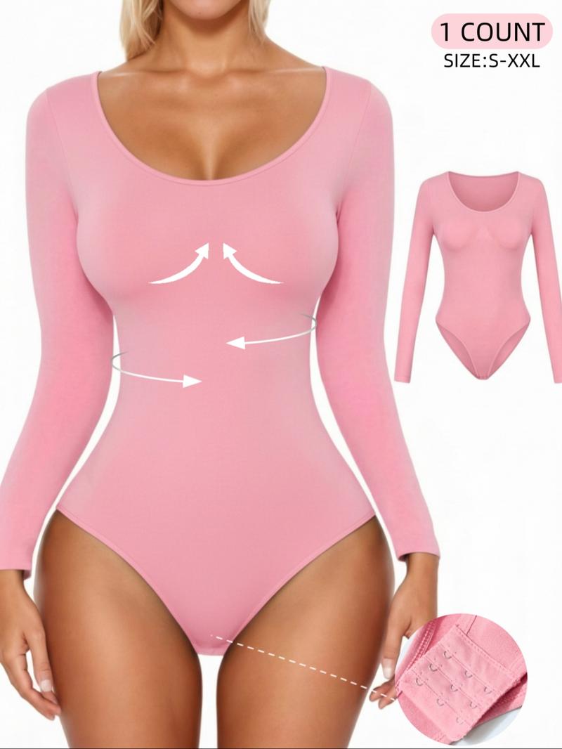 Women's Ribbed Abdomen Control Bodysuit, Long Sleeve Seamless T Shirt,Comfortable Scoop Neck Body Suit Stretchy Basic Tops, Fit Soft Elastic Fabric, Perfect For Daily Wear and  Going Out,Shapewear For All Seasons