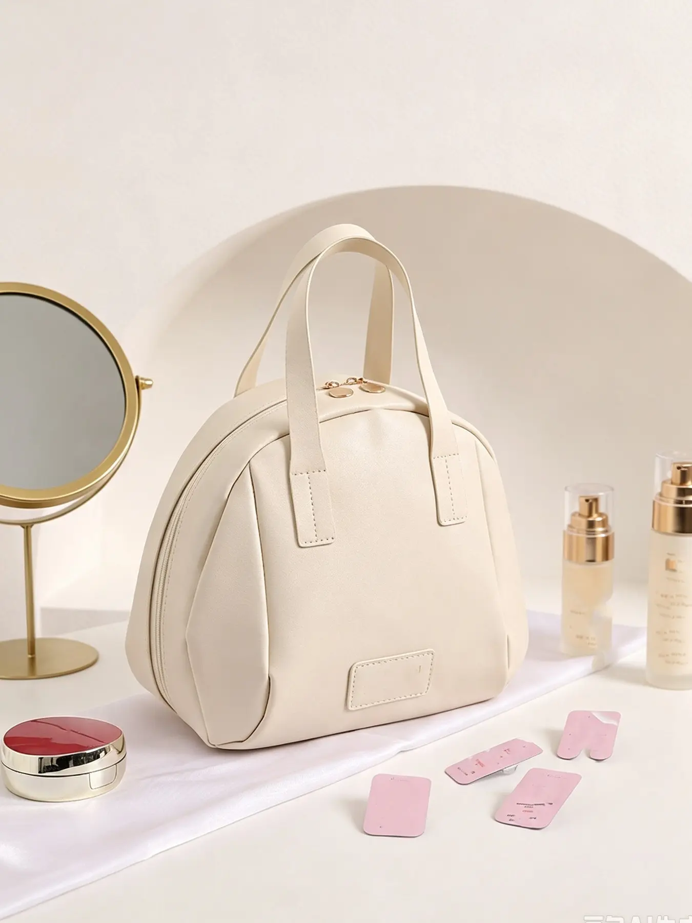 Beige Dome Shaped Makeup Bag with Top Handles, Portable Travel Cosmetic Organizer, Zippered Skincare Storage Pouch for Women