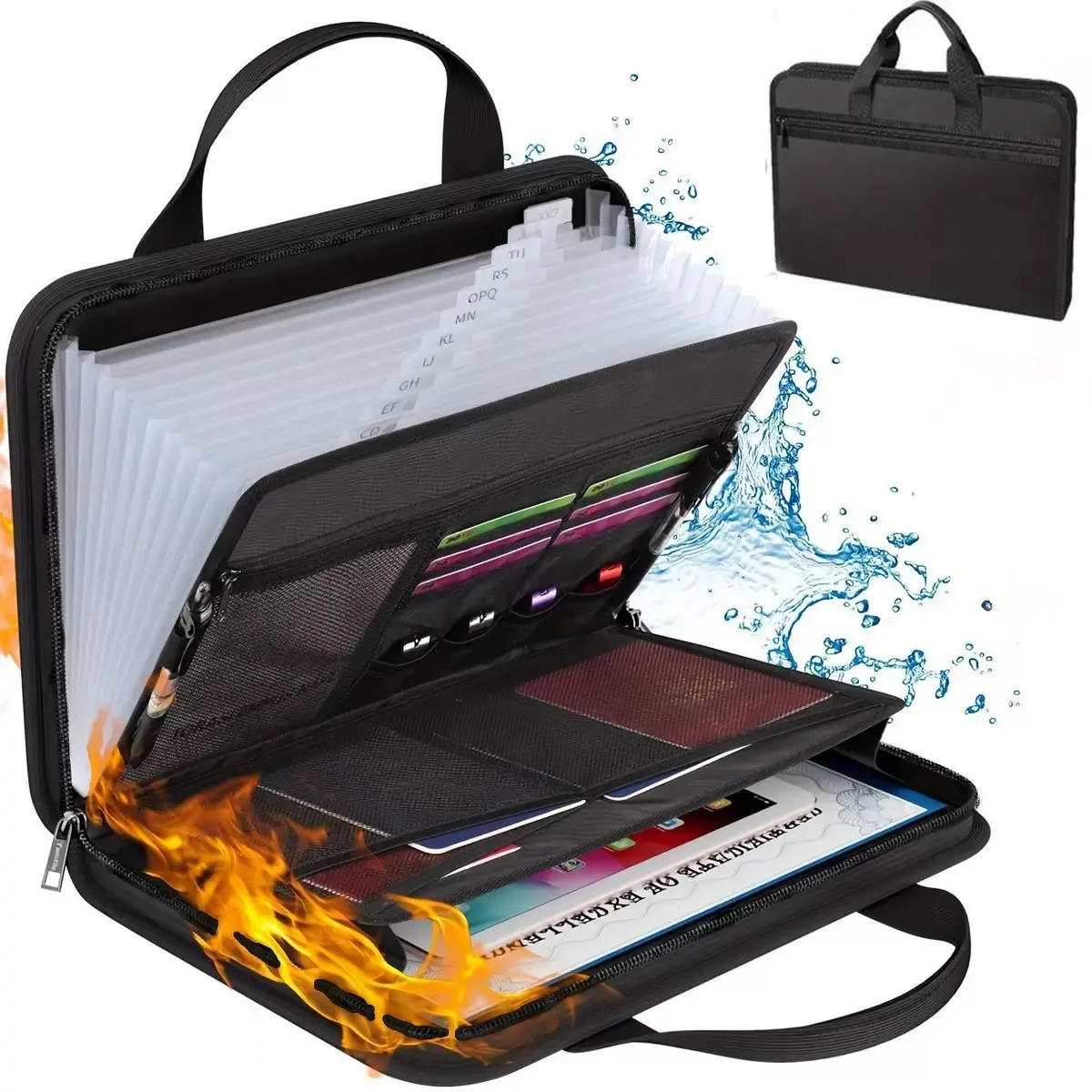 Fireproof Document Bag - Accordion-style Document Storage Box, made of waterproof fiberglass material, with secure zipper closure, a multi-pocket safe storage box for valuables, File Organizer Box