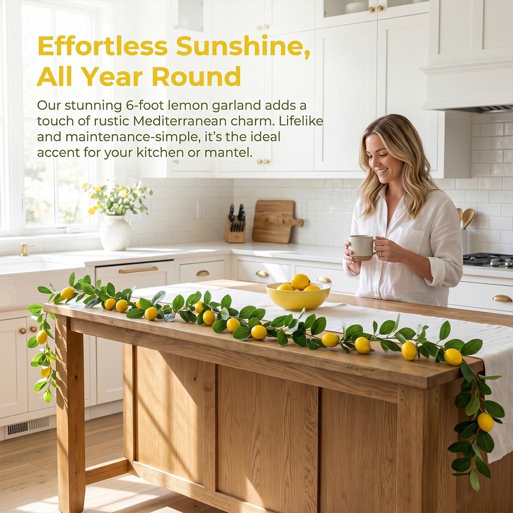 6FT Artificial Lemon Garland, Faux Lemon Vine Greenery Garland with Realistic Leaves & 3 Lemons,  Suitable for Kitchen, Wedding, Farmhouse Mantel, Party Background Decor, Maintenance-Free