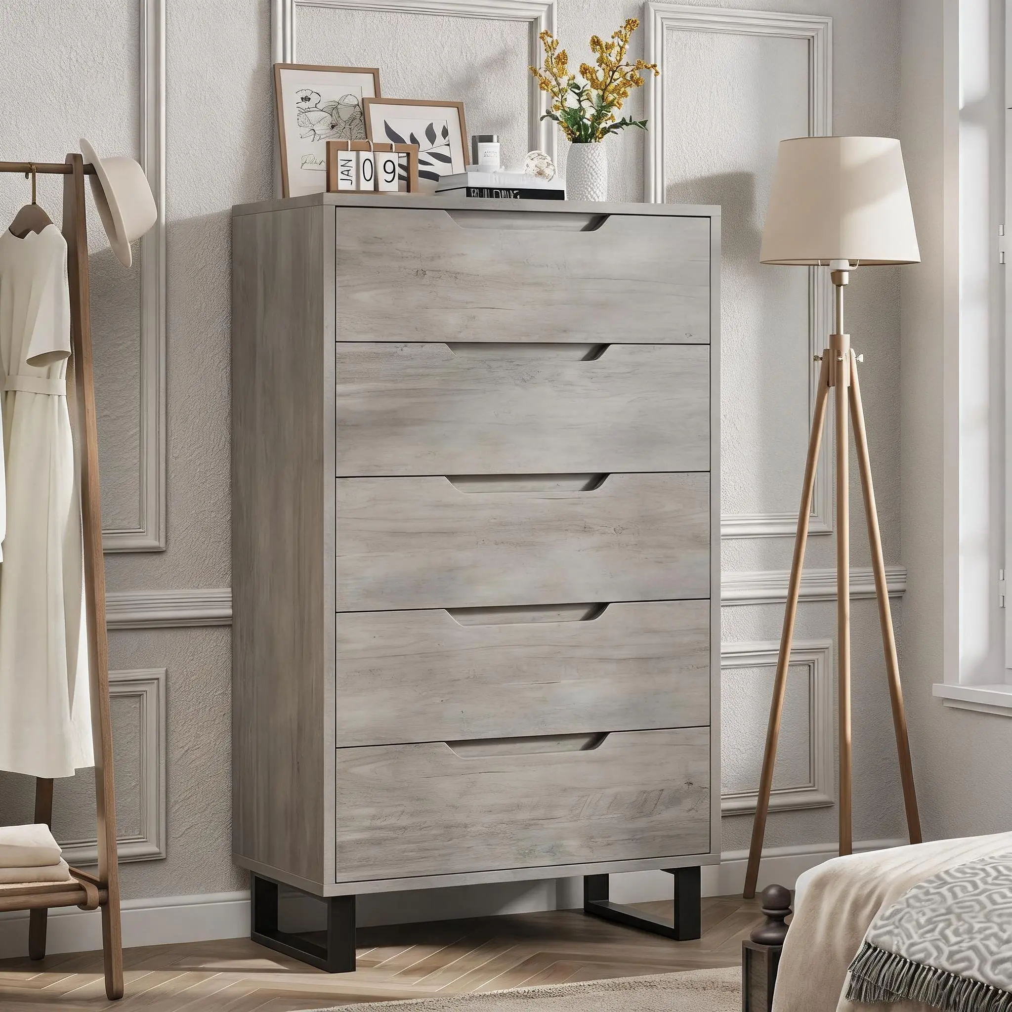 5-Drawer Freestanding Vertical Dresser, 50" Tall Legged Wooden Storage Chest for Bedroom, Living Room