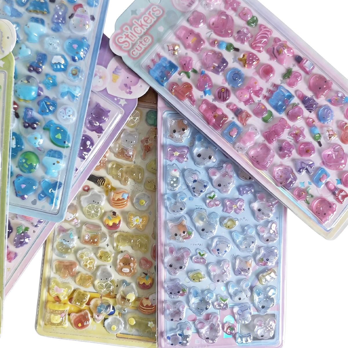Cartoon 3D Embossed Crystal Sticker, Mixed Color Resin Self-Adhesive Decal, DIY Decoration for Journals, Phone Cases, Notebooks, Semi-Bulk Gifts, Mobile Phone Accessory, Cellphone Accessory
