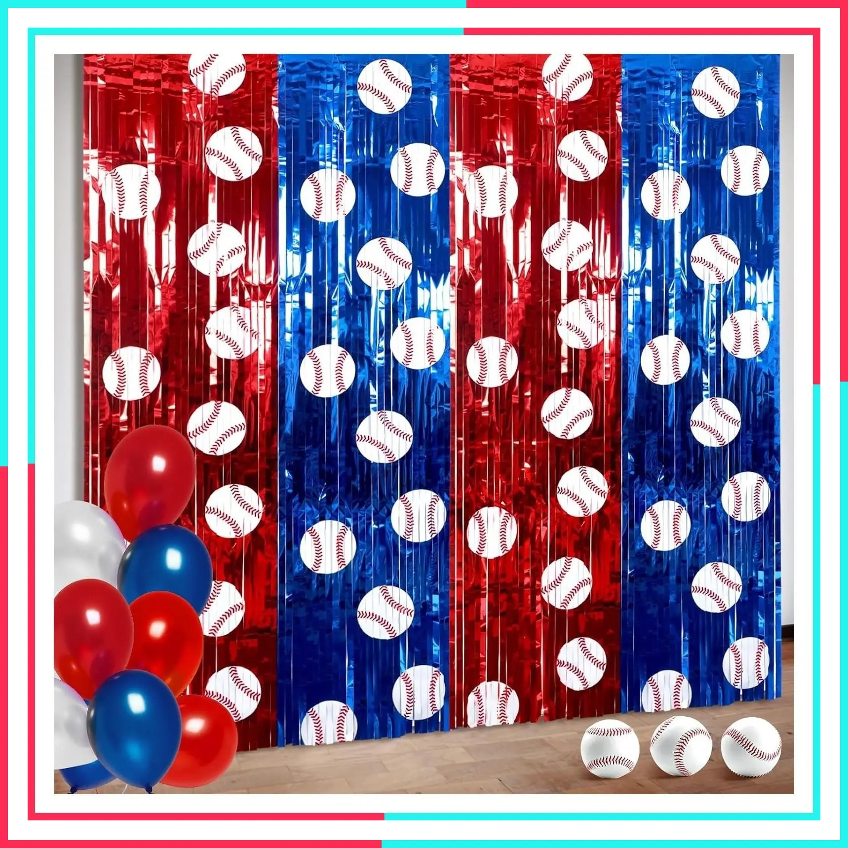 2 Pack Baseball Foil Fringe Curtain 3.3x6.6 ft Baseball Party Backdrop