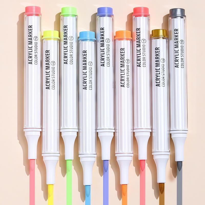 Acrylic Paint Soft Tip Marker Pen Set, 9 Colors/set Vibrant Marker, Suitable for Rocks, Ceramics, Wood, Canvas, Plastic, Glass, Stone, Calligraphy, Painting