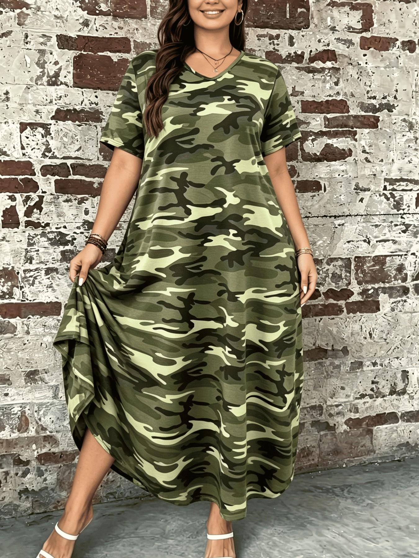 Plus Size Camouflage Print Maxi Dress, Short Sleeve, V Neck, Loose Fit, Curvy Casual Wear, Tummy Hiding, Summer, Pockets