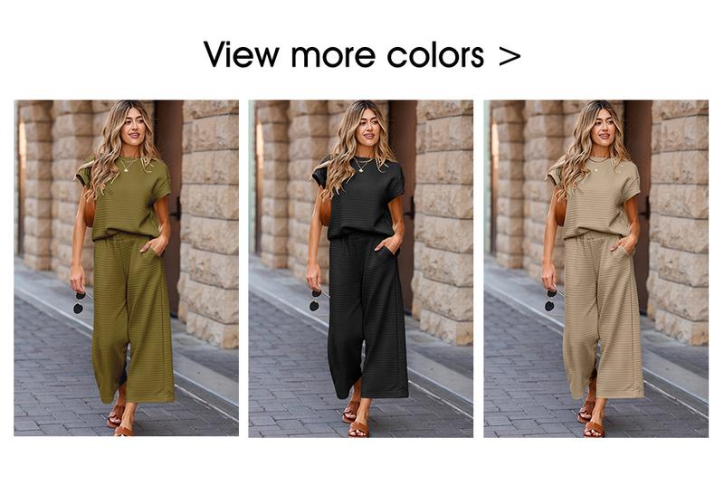 Shewin 2026 Spring/Summer Two Piece Set Outfits Casual Sweatsuits Pullover Tops & Wide Leg Sweatpants Lounge Sets for Women Daily Wear Going Outfits Clothes Shortsleeve Round Neck Batwing Crewneck Women'swear