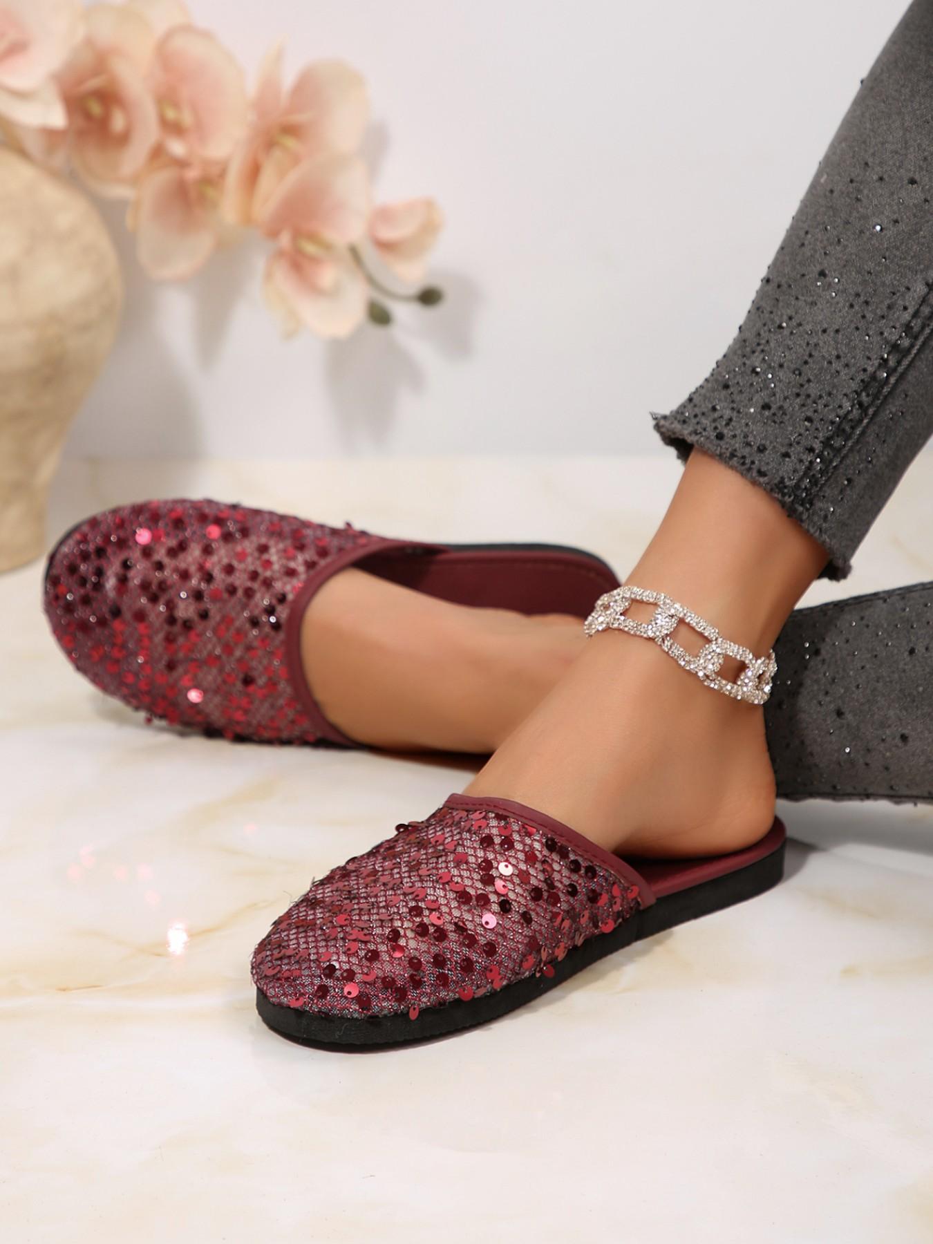 Blingbing Disco Effect Shoes, Gradient Wine Sequined Mesh Upper, Full Round Toe Design, Retro Hong Kong Style, All-Season Casual Footwear