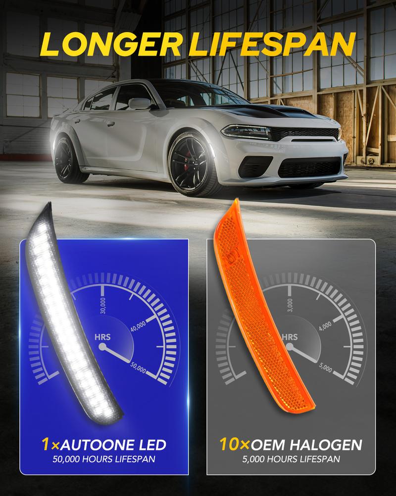 AUTOONE LED Side Marker Lights White for Dodge Charger 2015-2023, Smoked Lens Front & Rear Bumper Lights, High Brightness, IP67 Waterproof, Easy Install, OEM Compatible, 4PCS