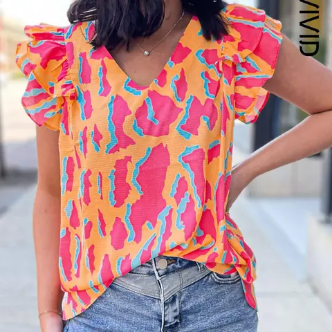 Women's Abstract Print Ruffled Sleeve Blouse, Shirts, Top, Casual Elegant V-neck Fit for Summer, Ladies Elegant Wear, Comfy