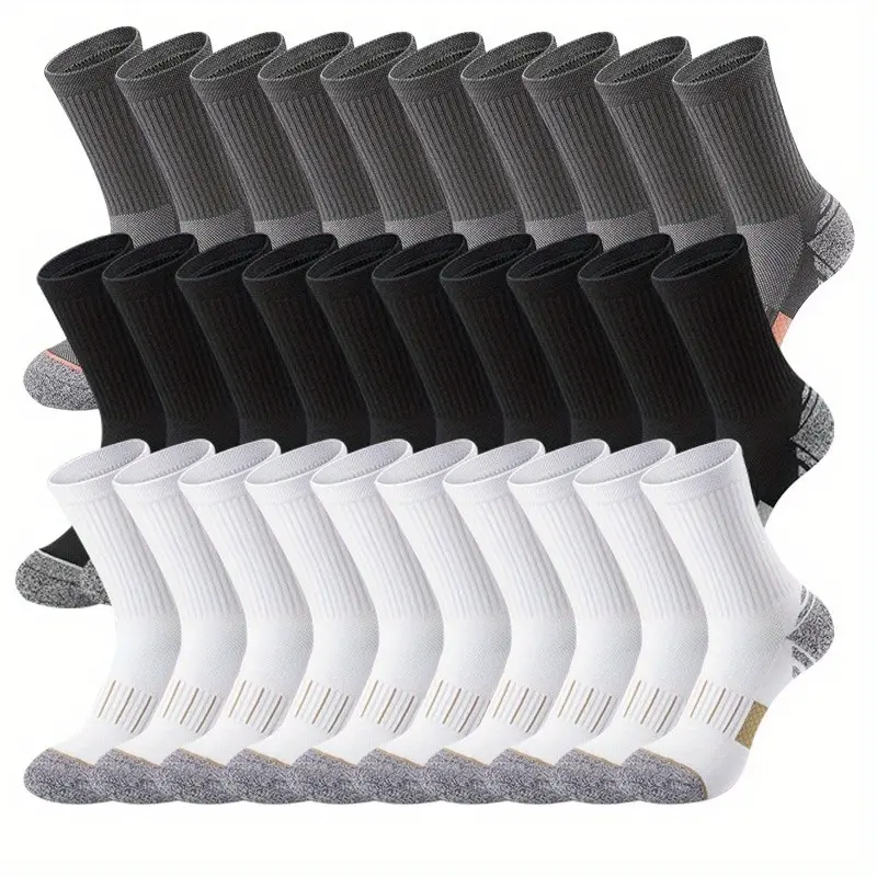 Men's Cotton Knit Mid-Calf Socks, 5/10/20/30 Pairs, Wicking Breathable Cushioned Hiking Running Compression Socks, Solid Plain, for Autumn Winter Daily Wear & Outdoor Sports
